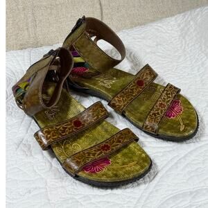 Elite by Corkys Women 8 Green Apache Gladiator Boho Artsy Sandal Painted Etched